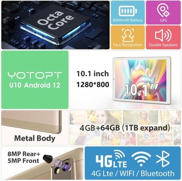Планшет 10,1 дюйма, восьмиядерный процессор, 4 ГБ, 64 ГБ, Android 12.0, 4G LTE, Wi-Fi-клавиатура