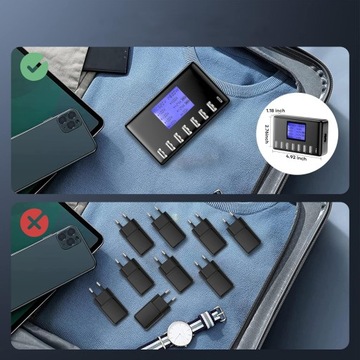 STACJA ŁADUJĄCA MULTI USB, ŁADOWARKA WIELU URZĄDZEŃ Z EKRANEM LCD, 8 PORTÓW