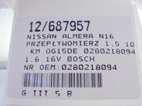 фото thumb №6, Nissan almera n16 расходомер 0280218094 1,6 16v