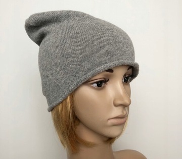 Czapka wełniana z dodatkiem kaszmiru, beanie oversize, wełna, kaszmir