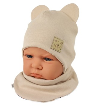 KOMPLET CZAPKA + APASZKA DWUSTRONNA 42-44 WIOSNA / JESIEŃ BEIGE 6m+
