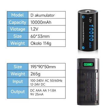 Аккумулятор NIMH 4CS 1,2 В 10 000 мАч D, размер LR20, с зарядным устройством