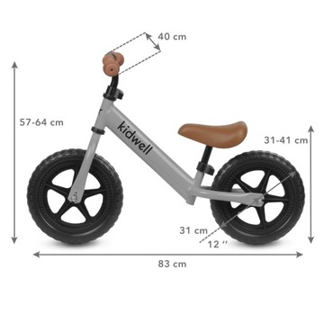 KIDWELL REBEL GREY БАЛАНСОВЫЙ ВЕЛОСИПЕД ЛЕГКИЕ РЕГУЛИРУЕМЫЕ КОЛЕСА 12, 80–120 см