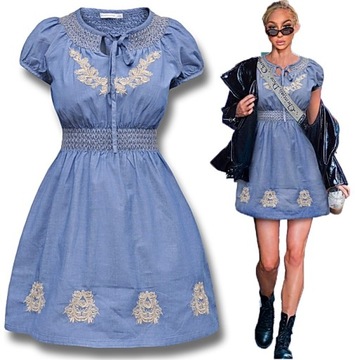 #162 Джинсовое платье BABY DOLL с бантом синее светлое весна лето ВЫШИВКА _ S