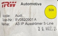 фото thumb №7, Решітка повітропровід засіб ліве панелі розподільчої audi a3 s3 rs3 8v0820901a
