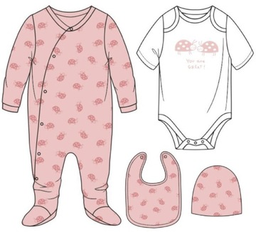 НАБОР Layette из 4 предметов ДЕТСКАЯ ФИОЛЕТОВАЯ ШАПКА ДЛЯ ТЕЛА божьи коровки 68 R041o