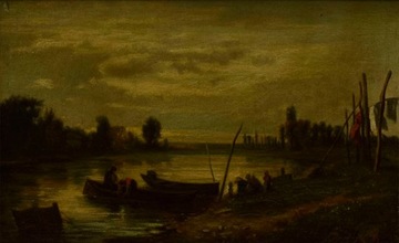 1876 ​​Старая картина Пейзаж с заливом и прачками, вывеска КПД Масло 53х39