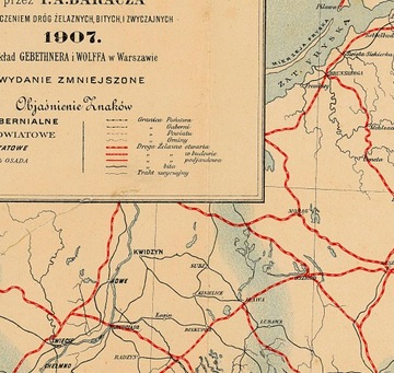 Старая карта королевства польских железных дорог, избитый, 1907 120x90 см.