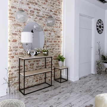Двойной узкий консольный стол Loft Hall 80х30х80 Черный + столешница Дуб Сонома
