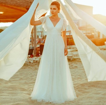СВАДЕБНОЕ ПЛАТЬЕ Boho Слоновая кость кружево ГРАЖДАНСКОЕ L 40
