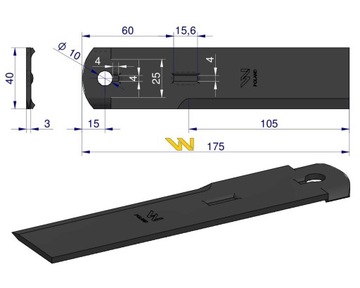 Nóż stały rozdrabniacz słomy sieczkarnia 175x40x3mm otwór 10 zastosowanie 1