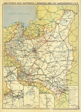 Stara mapa Polskie Koleje Państwowe 1939r. 70x50cm