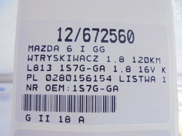 фото thumb №9, Mazda 6 i gg форсунки 1s7g-ga 1,8 kpl 0280156154