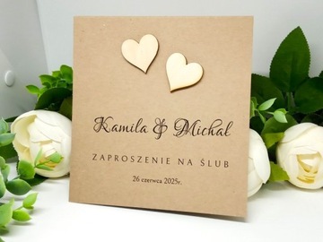 ZS12 *3 E Zaproszenie ślubne z drewnianymi sercami pełna personalizacja Ślu
