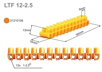 Клеммная колодка с резьбой, 12 контактов, 2,5 мм2, оранжевая LTF 12-2,5 21210108