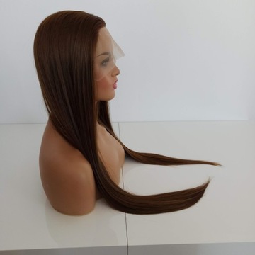 Peruka LACE FRONT jasny brąz jasno brązowa 40/55/80 cm + czepek GRATIS