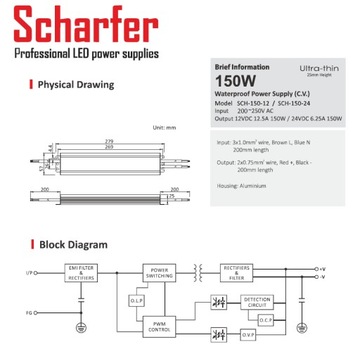 Zasilacz LED wodoodp. 6.25A 150W 24V IP67 Scharfer