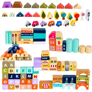 Klocki Miasto Drewniane Auta Zestaw + Puzzle Mata 115 Klocków Edukacyjne