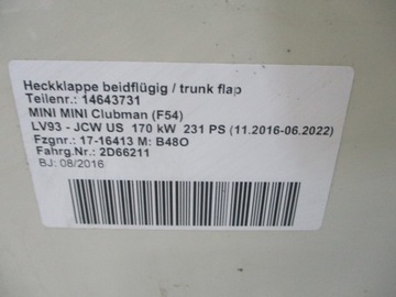фото thumb №5, Крышка задняя mini f54 clubman 16r 850 pepper белый