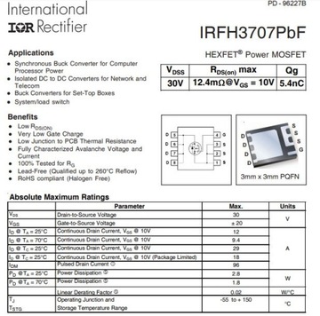 IRFH3707TRPBF MOSFET N-CH 30V 12A Infineon [2szt]