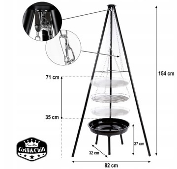 GRILL OGRODOWY WISZĄCY PALENISKO TRÓJNÓG DUŻY 50CM RUSZT OGNISKO WĘGLOWY