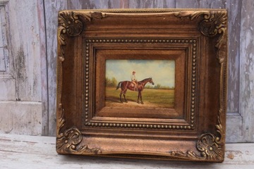 Жокей на лошади - Жанровая сцена лошади - Картина маслом - Красивая рамка 39x34