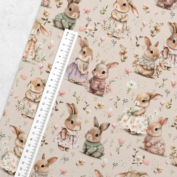 Трикотажное полотно, петельчатое, 250г/м2 Зайчики в цветочках.