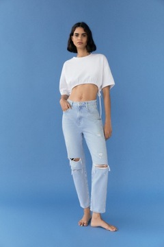 БРЮКИ ZARA MOM FIT, СИНИЕ, ДЫРКИ 36/S