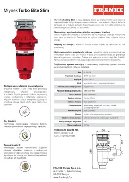 ИЗМЕЛЬЧИТЕЛЬ ДЛЯ ТОНКИХ МУСОРОВ FRANKE TE-75S + СИФОНЫ + ЗОЛОТОЙ ПЕРЕКЛЮЧАТЕЛЬ + МЕЛЬНИЦА