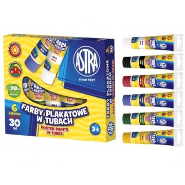 FARBY SZKOLNE 30ml PLAKATOWE TUBA 6 KOLOR ASTRA