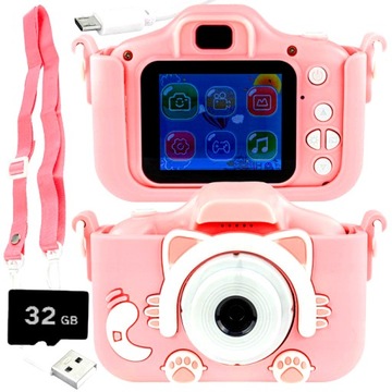 APARAT CYFROWY KOMPAKTOWY DLA DZIECI RÓŻOWY KOTEK + KARTA PAMIĘCI 32GB