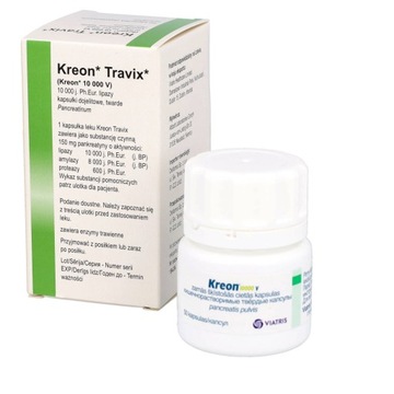 KREON Travix, лекарство от расстройств пищеварения, 50 кишечнорастворимых капсул