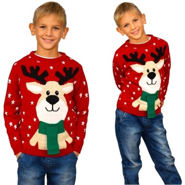 DZIECIĘCY SWETER Z RENIFEREM Z SZALIKIEM CZERWONY ŚWIĄTECZNE SWETERKI 6/7