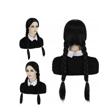 PERUKA DŁUGIE CZARNE PROSTE WŁOSY WARKOCZE PARTY COSPLAY WEDNESDAY ADDAMS