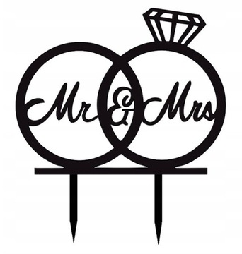 Топпер для свадебного торта Mr & Mrs обручальные кольца разные цвета