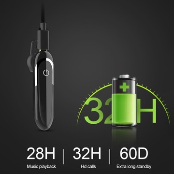 Słuchawka Bluetooth, duża bateria 200 mAh, tryb głośnomówiący, 60 dni w trybie gotowości, czarna