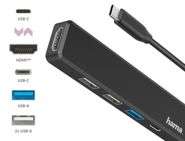 Hama Multiport USB 3.2 USB-C, 5 portów (3x USB A, USB C, HDMI) hub czarny.