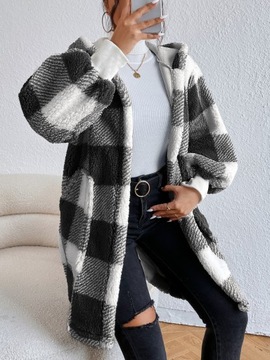 SHEIN ПЛЮШЕВОЕ ЧЕРНО-БЕЛОЕ ПАЛЬТО С КАПЮШОНОМ В КОЛОТКУ L 876