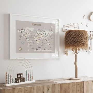 PLAKAT DZIECIĘCY EDUKACYJNY MAPA ŚWIATA ZE ZWIERZĘTAMI ZWIERZĘTA 21x30 A4