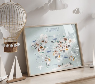 Plakat 40x50 cm Mapa Świata Zwierzęta Błękit Niebieska Mapa dla dzieci