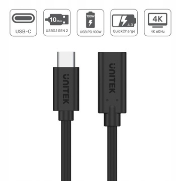 Удлинитель USB-C 10 Гбит/с 4K, PD 100 Вт 1 м Unitek