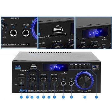 WZMACNIACZ DO GŁOŚNIKÓW KOLUMN AMPLITUNER BLUETOOTH STEREO HIFI USB PILOT