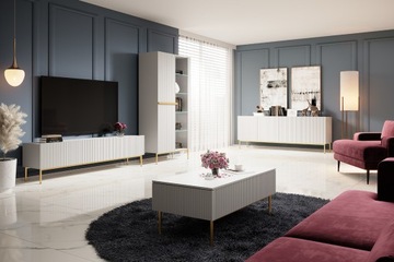Biała witryna do salonu kredens komoda szafka glamour ryflowana złote nóżki