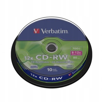 Диск Verbatim CD-RW SERL, устойчивый к царапинам, коробка для торта, 10 упаковок, многоразовая