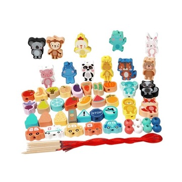 Montessori Educational Wooden Lacing Beads Toys for Toddler 3 4 5 65Pcs