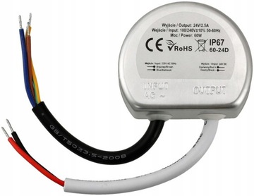 ZASILACZ montażowy do puszki fi60 24V 2,5A 60W do LED wodoodporny IP67