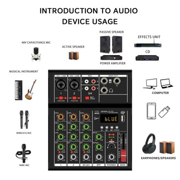 Studio Audio Mixer, 4-канальный аналоговый микшер, портативный ревербератор, черный