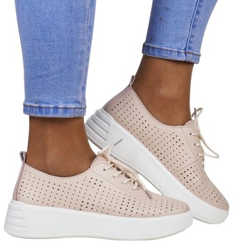 DAMSKIE PÓŁBUTY SNEAKERSY AŻUROWE ZE SKÓRY NA KOTURNIE RÓŻOWE PASTELOWE
