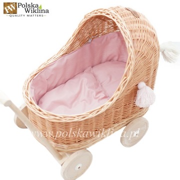 Wózek wiklinowy niski natural obszyty róż+chwosty