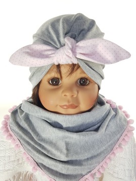 KOMPLET CZAPKA TURBAN PIN UP + CHUSTKA 3-12M-C MIX